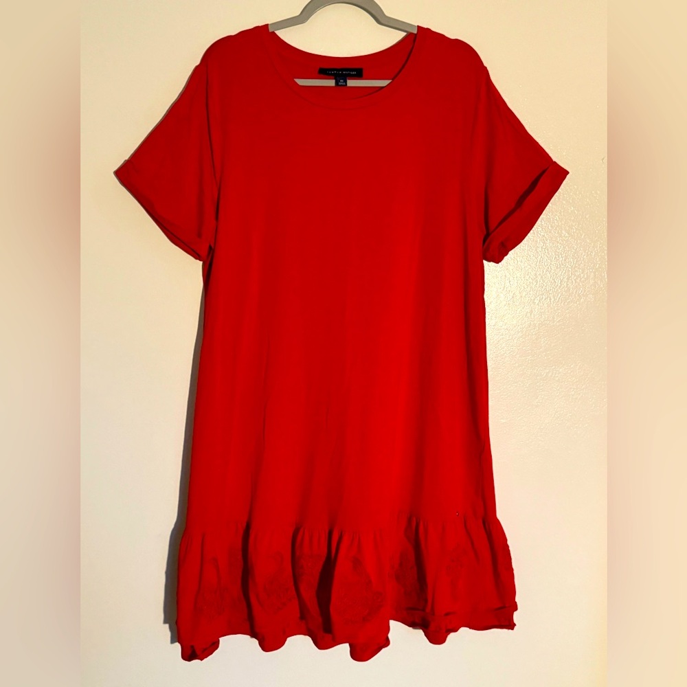 TOMMY HILFIGER Short Sleeve Tiered Embroidered Dress Women's Plus Size 0X - Red